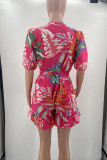 Pink Sweet Print Bandage Patchwork Flounce V Neck Rompers