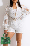 White Sexy Sweet Solid Hollowed Out Patchwork See-through Zipper Collar Long Sleeve Two Pieces