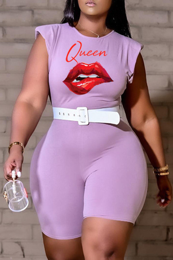 Purple Casual Lips Printed Patchwork O Neck Skinny Rompers