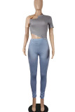 Blue Gray Sexy Solid Hollowed Out Patchwork Buttons O Neck Regular Jumpsuits