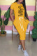Yellow Fashion Casual Print Letter O Neck One Step Skirt Dresses
