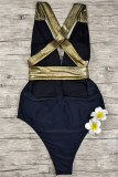 Deep Coffee Fashion Sexy Solid Bandage Patchwork Backless Swimwears (With Paddings)