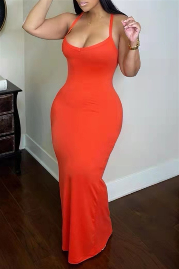 Tangerine Red Fashion Sexy Solid Backless Spaghetti Strap Long Dress