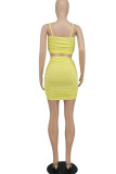Yellow Sexy Solid Patchwork Fold Spaghetti Strap Sleeveless Two Pieces