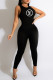 Black Fashion Casual Print Letter O Neck Jumpsuits