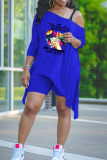 Blue Fashion Casual Print Asymmetrical Oblique Collar Short Sleeve Two Pieces