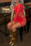 Red Sexy Solid Lace Mesh O Neck Pencil Skirt Dresses