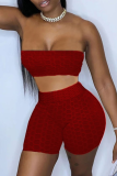 Red Sexy Solid Split Joint Strapless Sleeveless Two Pieces