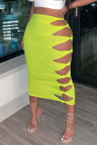Yellow Sexy Solid Hollowed Out Patchwork High Waist Pencil Solid Color Bottoms