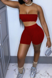 Red Sexy Solid Split Joint Strapless Sleeveless Two Pieces