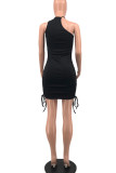 Apricot Sexy Solid Patchwork Draw String Fold Asymmetrical Collar Pencil Skirt Dresses