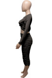 Black Sexy Casual Solid Fold O Neck Long Sleeve Two Pieces