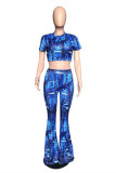 Blue Fashion Casual Print Basic O Neck Short Sleeve Two Pieces