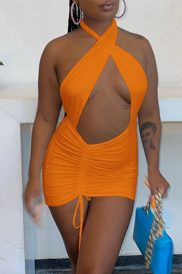 Tangerine Sexy Solid Hollowed Out Patchwork Halter Pencil Skirt Dresses