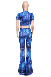 Blue Fashion Casual Print Basic O Neck Short Sleeve Two Pieces