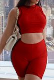 Red Casual Solid Split Joint O Neck Sleeveless Two Pieces
