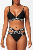 Black Fashion Sexy Letter Print Hollowed Out Patchwork Backless Swimwears (With Paddings)