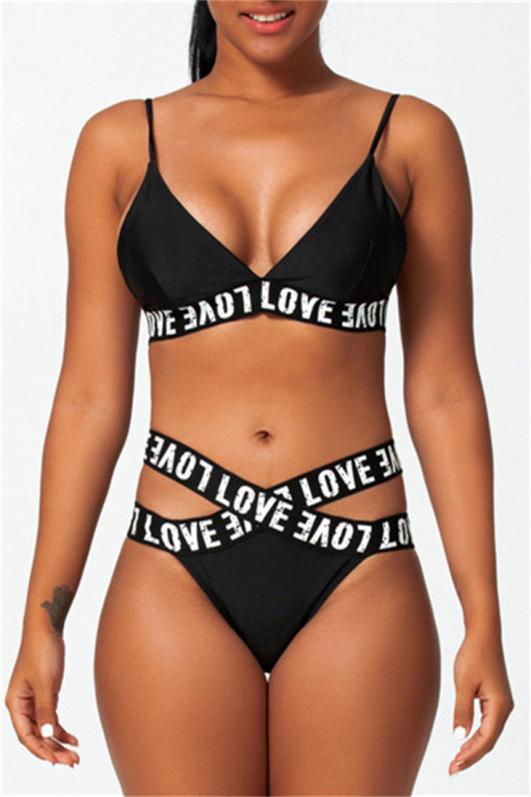Black Fashion Sexy Letter Print Hollowed Out Patchwork Backless Swimwears (With Paddings)