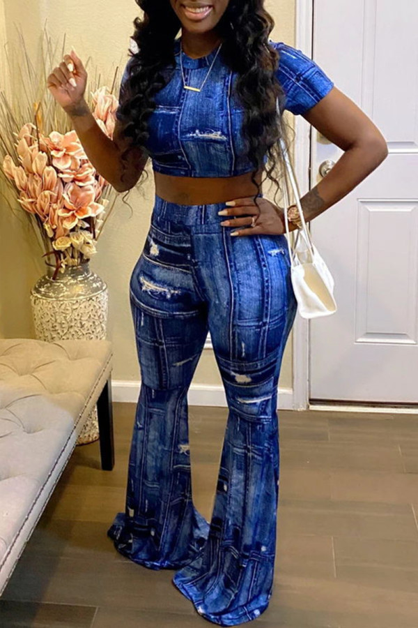 Blue Fashion Casual Print Basic O Neck Short Sleeve Two Pieces