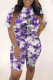 Purple Fashion Casual Print Letter O Neck Short Sleeve Two Pieces