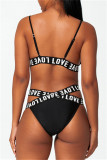 Black Fashion Sexy Letter Print Hollowed Out Patchwork Backless Swimwears (With Paddings)