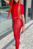 Red Sexy Solid Patchwork O Neck Short Sleeve Two Pieces