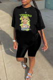 Black Fashion Casual Print Basic O Neck Short Sleeve Two Pieces