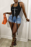 Blue Sexy Print Patchwork Asymmetrical U Neck Tops