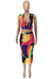 Multi-color Fashion Sexy Print Basic V Neck Sleeveless Two Pieces