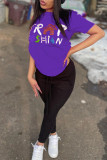 Purple Fashion Casual Print Basic O Neck T-Shirts