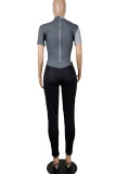 Blue Gray Sexy Solid Hollowed Out Patchwork Buttons O Neck Regular Jumpsuits