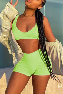 Fluorescent Green Sexy Casual Sportswear Solid Backless V Neck Sleeveless Two Pieces