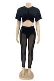Black Fashion Sexy Solid Patchwork See-through O Neck Short Sleeve Two Pieces