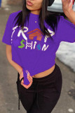 Purple Fashion Casual Print Basic O Neck T-Shirts