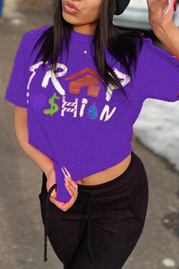 Purple Fashion Casual Print Basic O Neck T-Shirts