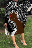 Rose Red Fashion Casual Print Hollowed Out O Neck Long Sleeve Dresses