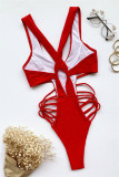 Red Fashion Sexy Solid Hollowed Out Backless Swimwears (Without Paddings)
