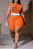 Orange Casual Print Patchwork O Neck Skinny Rompers without Belt