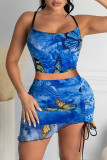 Blue Sexy Print Patchwork Spaghetti Strap Sleeveless Two Pieces