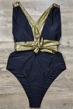 Deep Coffee Fashion Sexy Solid Bandage Patchwork Backless Swimwears (With Paddings)