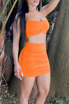 Tangerine Sexy Solid Split Joint Fold Spaghetti Strap Sleeveless Two Pieces