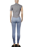 Blue Gray Sexy Solid Hollowed Out Patchwork Buttons O Neck Regular Jumpsuits