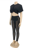 Black Fashion Sexy Solid Patchwork See-through O Neck Short Sleeve Two Pieces