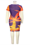 Purple Fashion Sexy Print See-through O Neck Short Sleeve Dress Plus Size Dresses