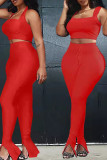 Red Sexy Solid Patchwork Slit Spaghetti Strap Sleeveless Two Pieces