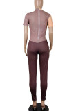 Blue Gray Sexy Solid Hollowed Out Patchwork Buttons O Neck Regular Jumpsuits