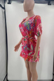 Pink Sweet Print Bandage Patchwork Flounce V Neck Rompers
