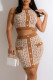 Khaki Sexy Print Patchwork Buttons O Neck Sleeveless Two Pieces