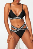 Black Fashion Sexy Letter Print Hollowed Out Patchwork Backless Swimwears (With Paddings)