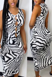 Black And White Fashion Sexy Casual Animal Print Hollowed Out O Neck Sleeveless Dress Dresses